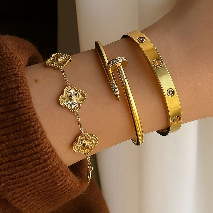 Trio Gem Bangle & Golden Clover 3-Piece Stack